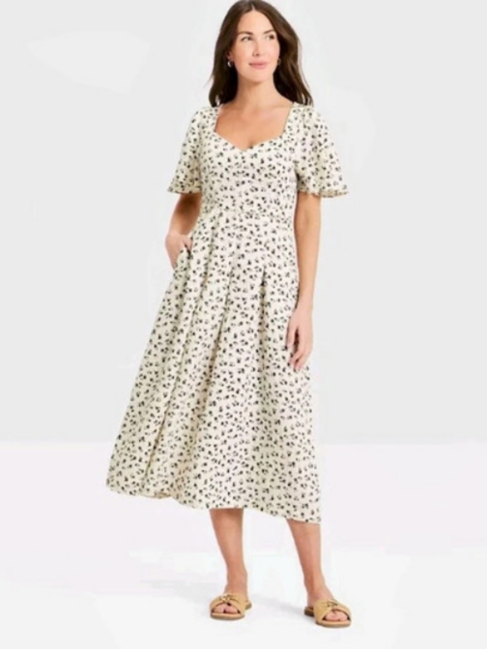 Universal Thread Women's Cap Sleeve Midi Dress Cream & Black